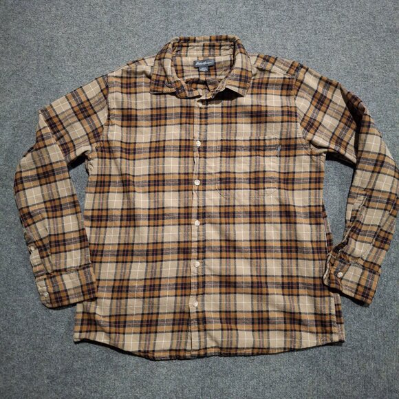 Eddie Bauer Flannel Mens Large Plaid Button Down Shirt 100% Cotton Tan - Picture 1 of 7